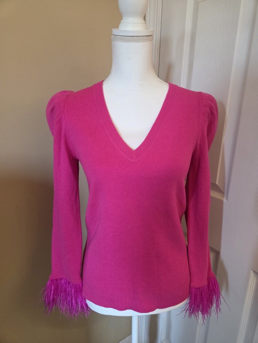 Crosby By Mollie Burch Teddie Feather Trim Puff Sleeve Sweater In Hot Pink